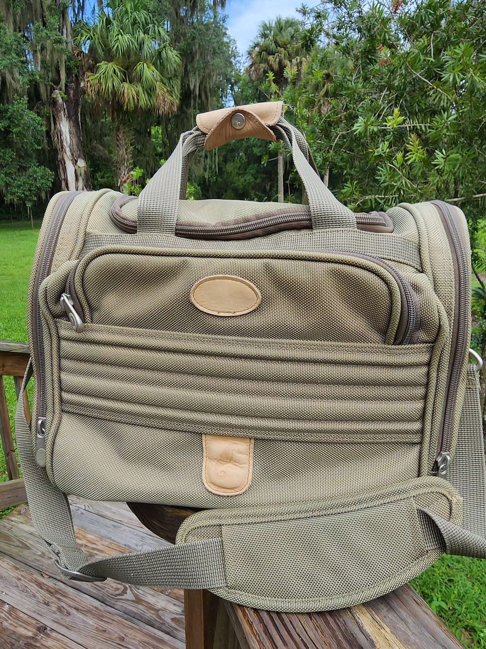 Travel Duffel Bag in Khaki with Leather Accents